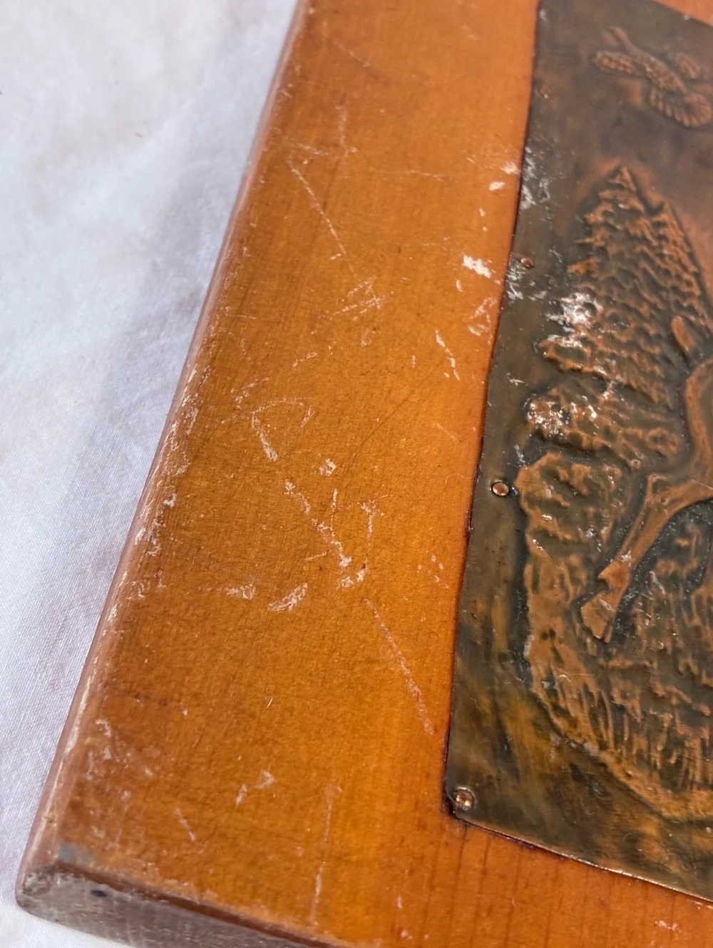 Vintage Wooden Wall Hanging with Copper Stamped Deer Scene